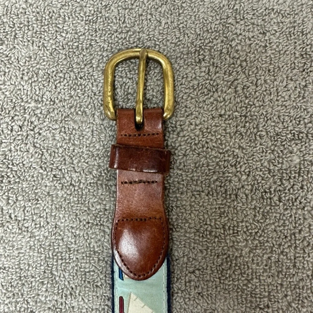 Vintage Sailboat Embroidered Canvas Leather Belt Solid Brass Buckle Brown Navy